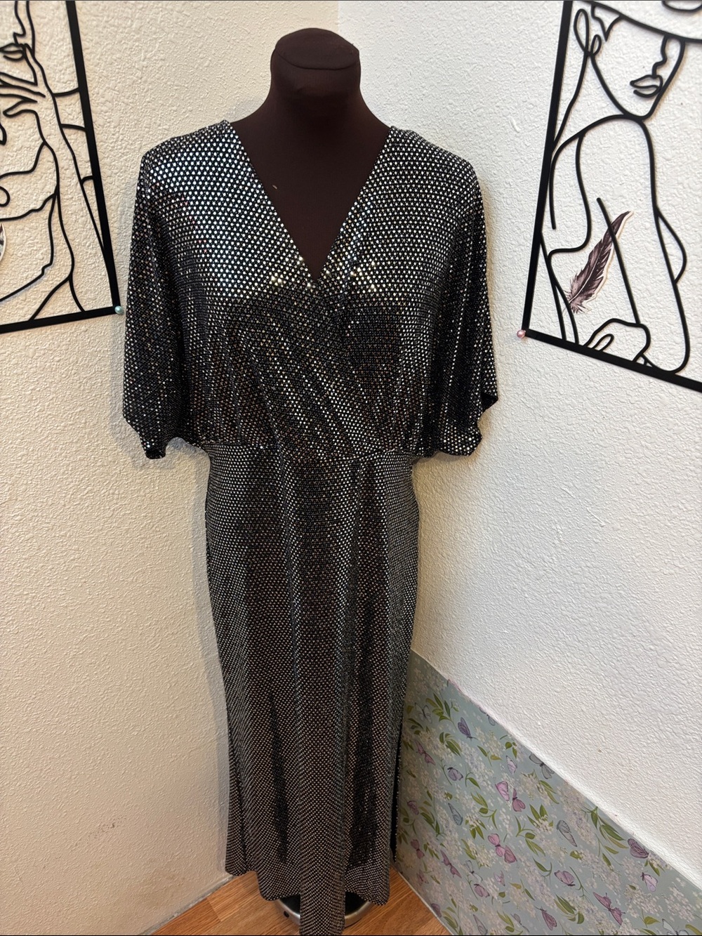 Vintage Alexis B Nites black & silver metallic shimmer evening dress Size 14W